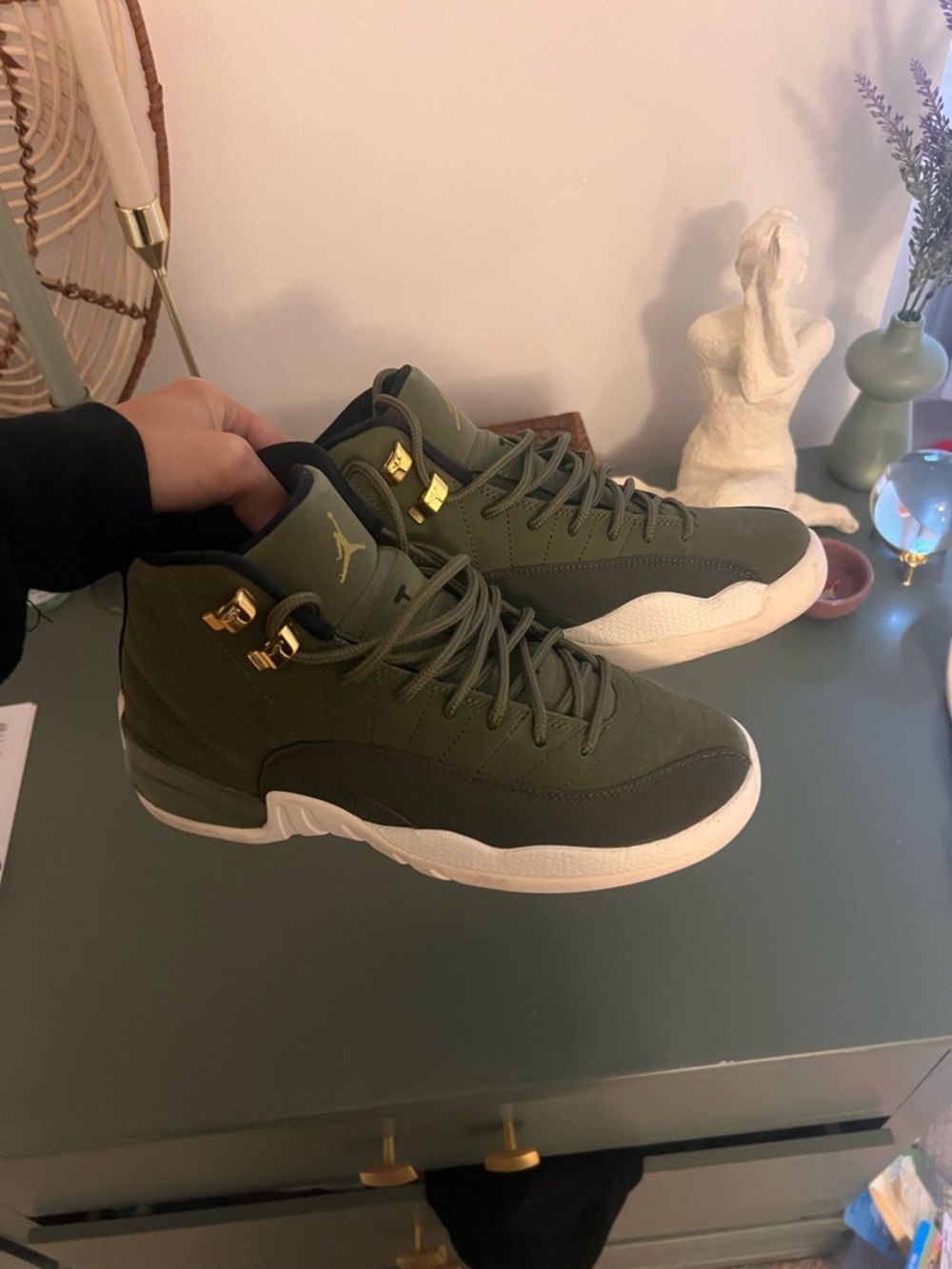 Jordan Men's Olive Green and White High-Top Sneakers with Gold Accents